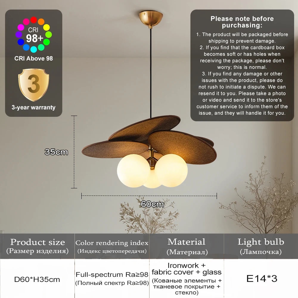 Suspension lumineuse moderne vintage abat jour tissé rafia marron chaîne verre blanc lumière tamisée