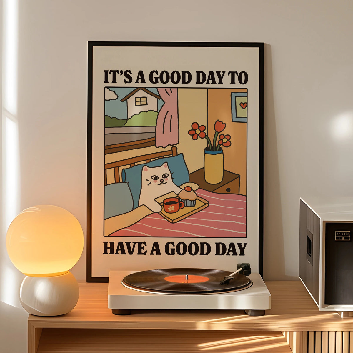 affiche murale chat illustration minimaliste cadre aluminium blanc bleu rose beige
