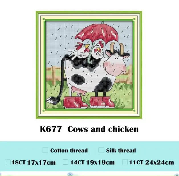 broderie point croix animaux vaches poules dessin fil coton instructions toile imprimée travaux aiguille