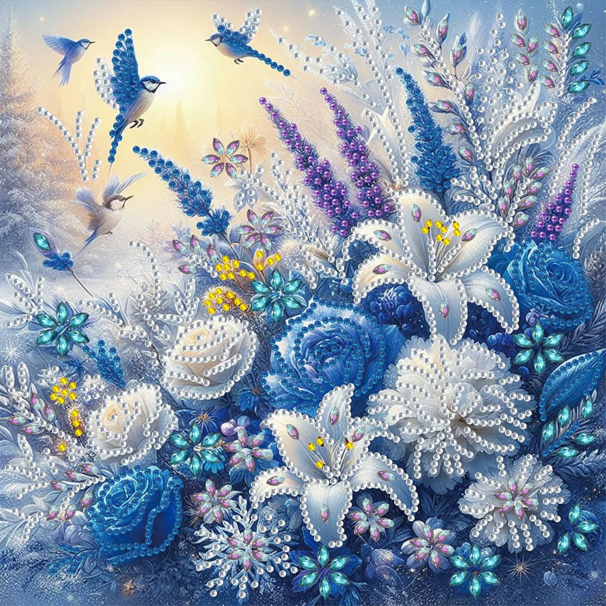peinture diamant kit artisanal fleurs oiseaux motifs floraux strass adhésif plateau plastique gomme guide
