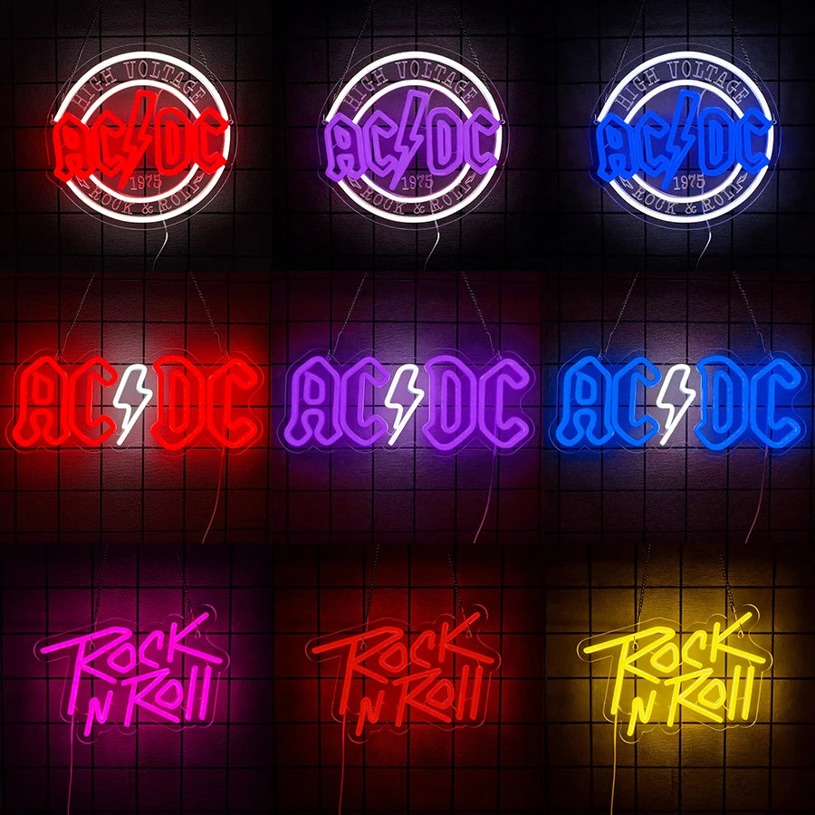 néon lumineux rock roll ac dc high voltage couleurs vives logo texte fixations