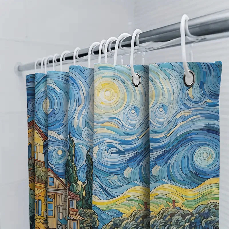 rideau douche van gogh village nuit étoile bleu jaune impressioniste classique polyester durable