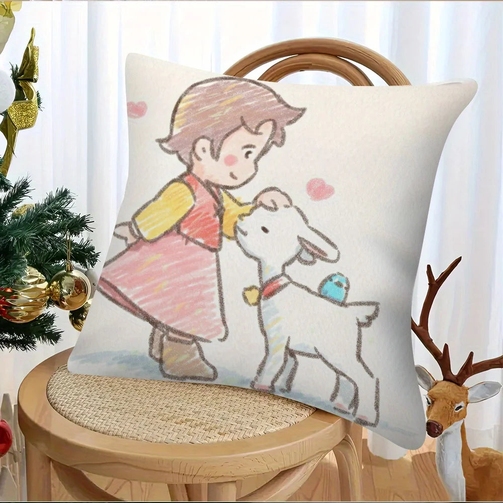 housse coussin carré heidi dessin fille mouton cartoon blanc décoratif siège voiture polyester lavable