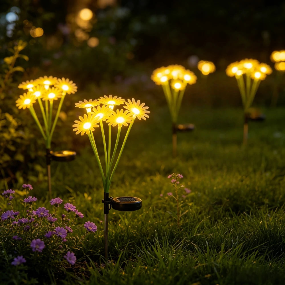 lumière solaire fleur marguerites jaune verte blanche pétales translucides moderne extérieure jardin patio