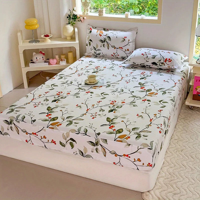 drap lit imprimé fleurs stylisées moderne blanc vert rouge beige confortable lit chambre coucher