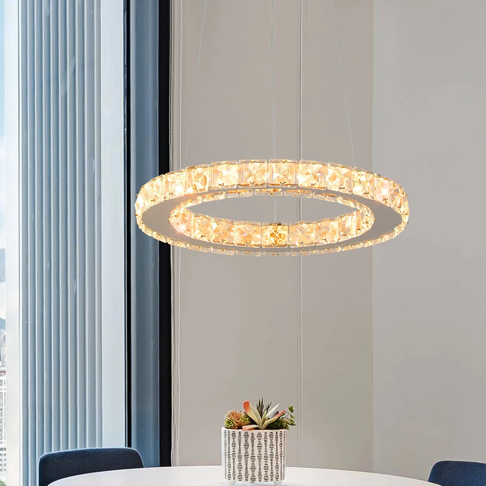 Suspension lumineuse moderne acier inoxydable blanc doré strass brillant 20+ LED dimmable télécommande