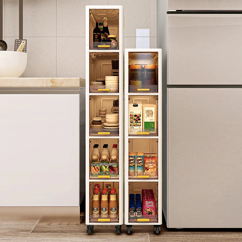 rangement mobile multi niveaux blanc transparent moderne roulettes echangement visible