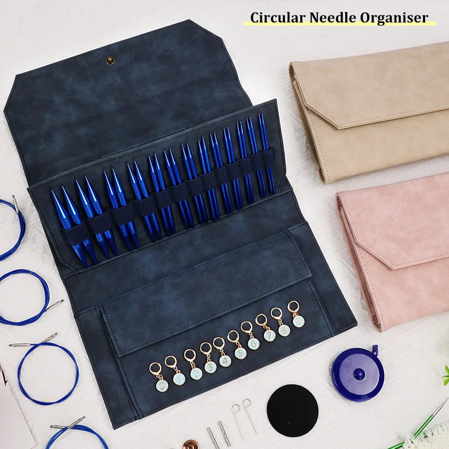 organisateur aiguilles circulaires sac rangement outils tricot broderie rose khaki bleu marine daim vieilli