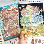 puzzle multicolore dessin animé adhésif portes fenêtres meubles personnages voitures animaux plantes scène ville