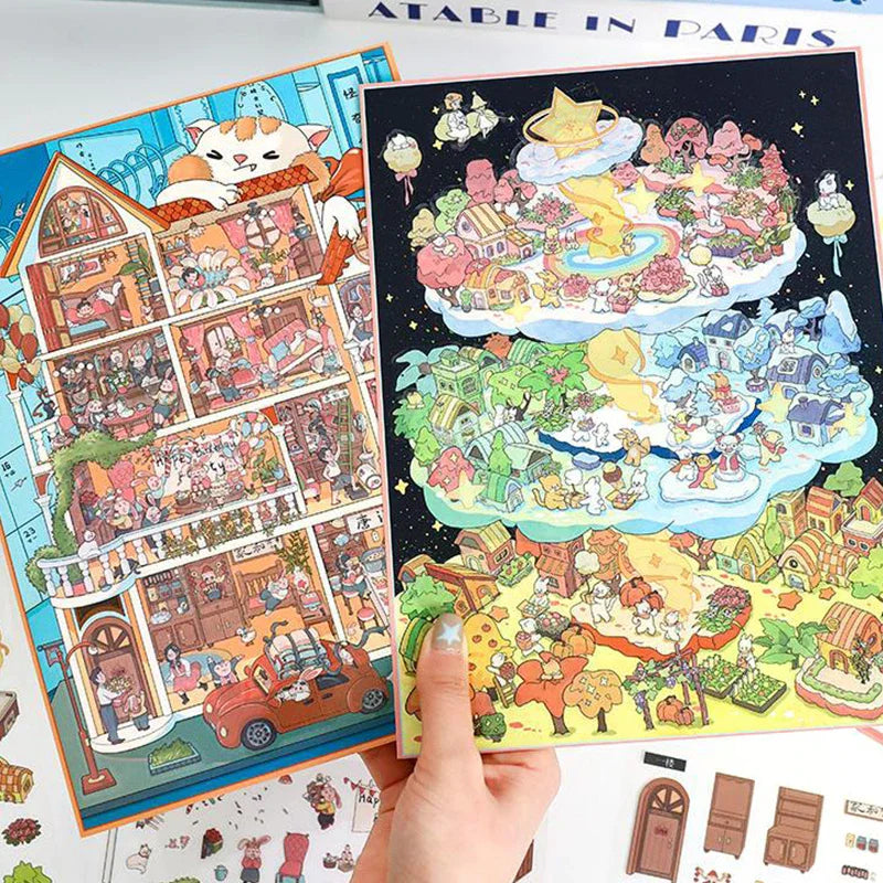 puzzle multicolore dessin animé adhésif portes fenêtres meubles personnages voitures animaux plantes scène ville