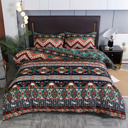 ensemble literie bohème bleu foncé orange motifs géométriques taies d'oreiller couverture