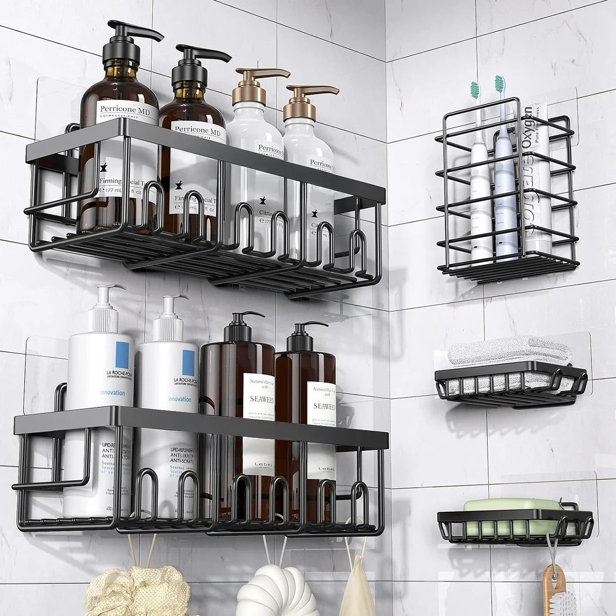 étagères murales adhésives acier inoxydable niveaux rangement moderne salle bain noir sans perçage