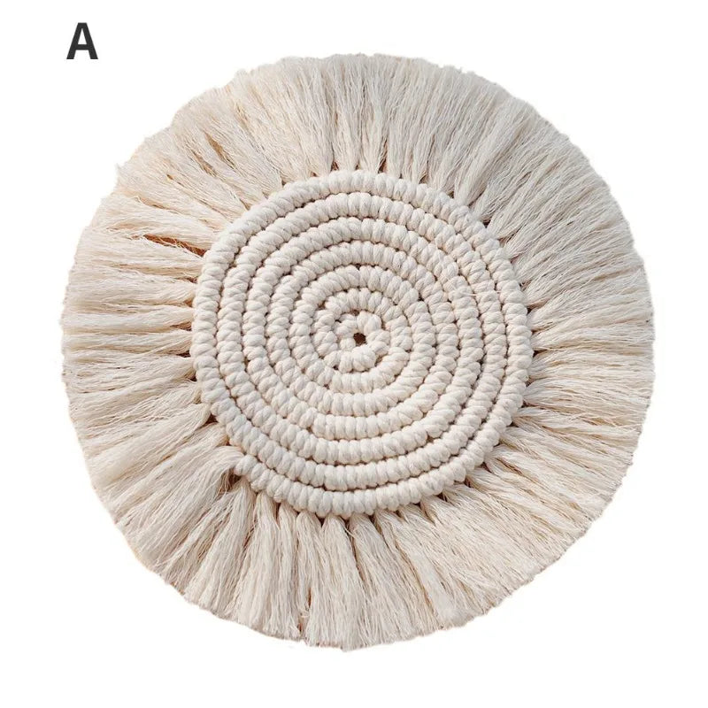 coasters tissu spirale tissée franges bohême artisanal couleur beige domestique utilisation protection table