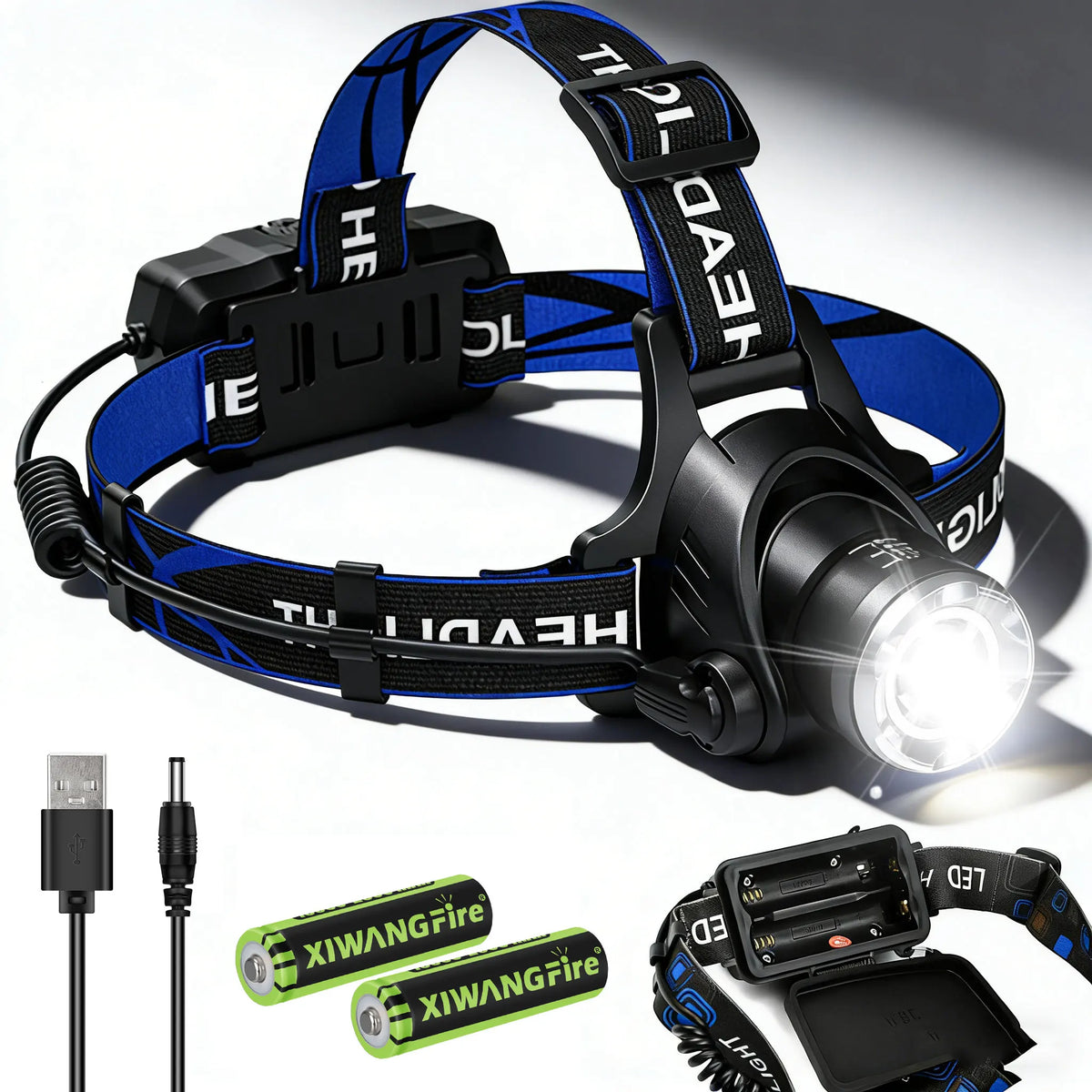 lampe frontale led rechargeable étanche haute luminosité zoomable noir bleu moderne