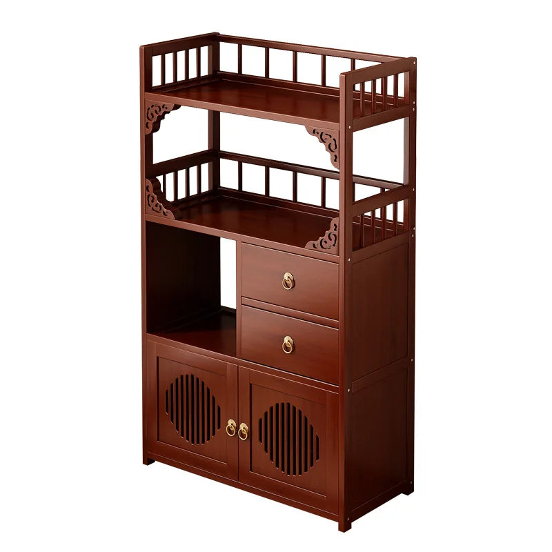 meuble rangement marron foncé tiroirs étagères classique traditionnel texture bois naturel multifonctionnel salon cuisine