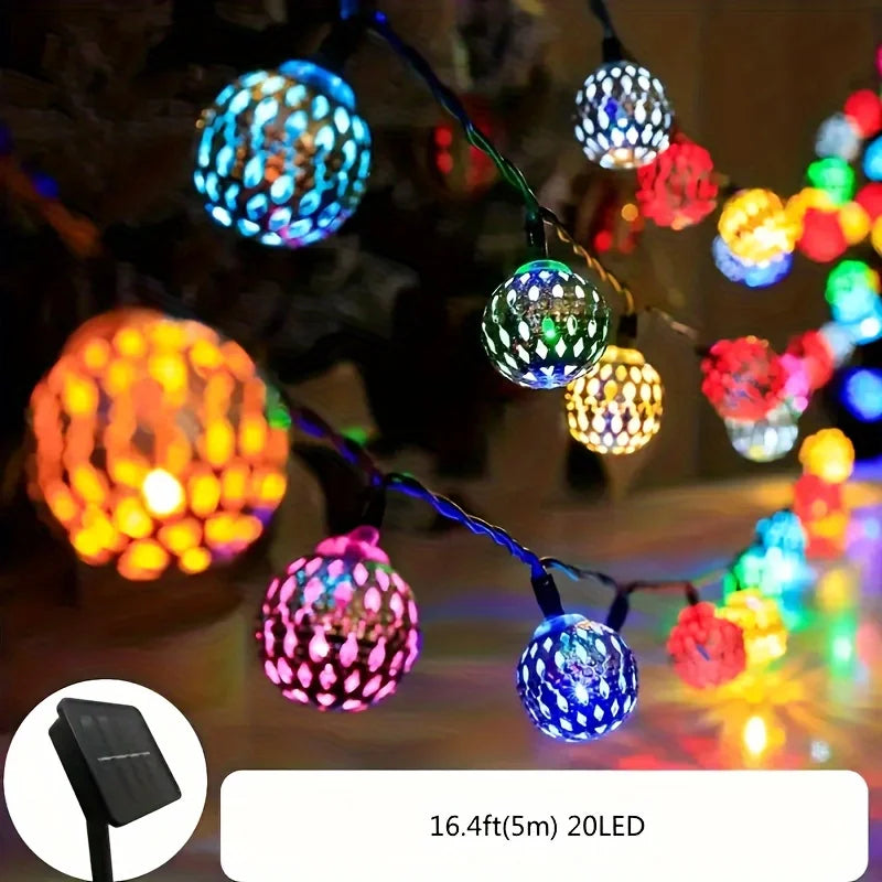 guirlande lumineuse solaire led multicolore sphères métalliques ajourées décoration extérieure festive bohème pic sol