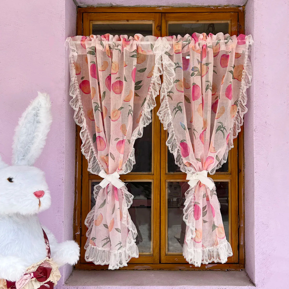 rideau imprimé fruits pêches dentelle vintage rose blanc maison fenêtre