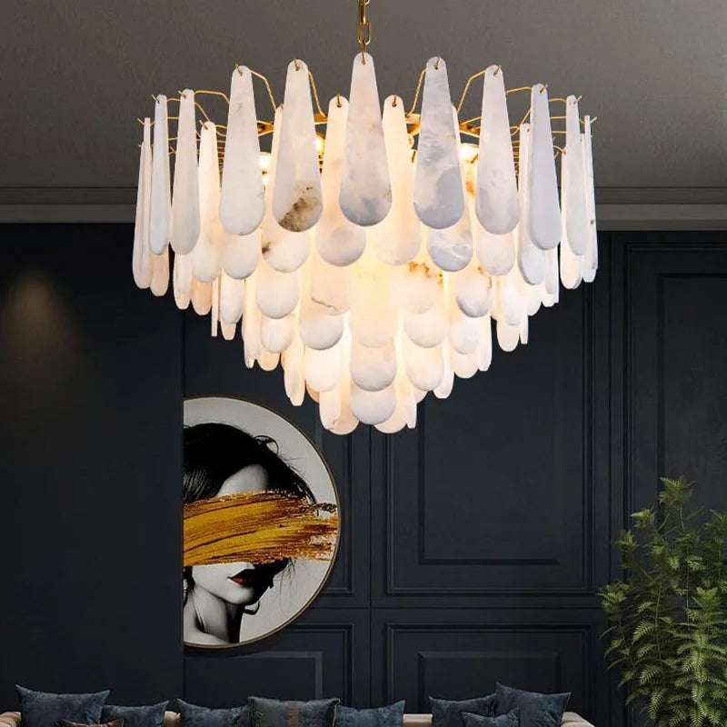lustre moderne cuivre blanc marbre feuilles semi transparent salon chambre