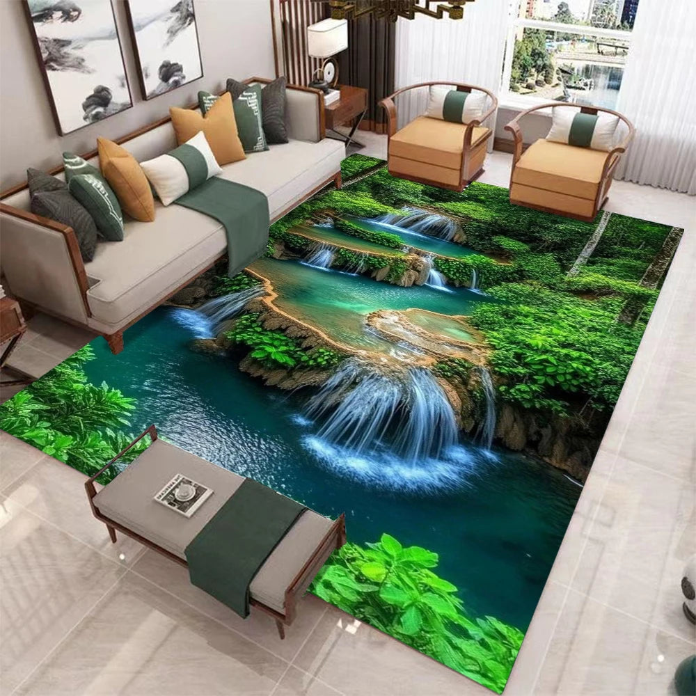 tapis paysage naturel moderne cascade forêt bleu vert blanc gris durable maison hôtelextérieur