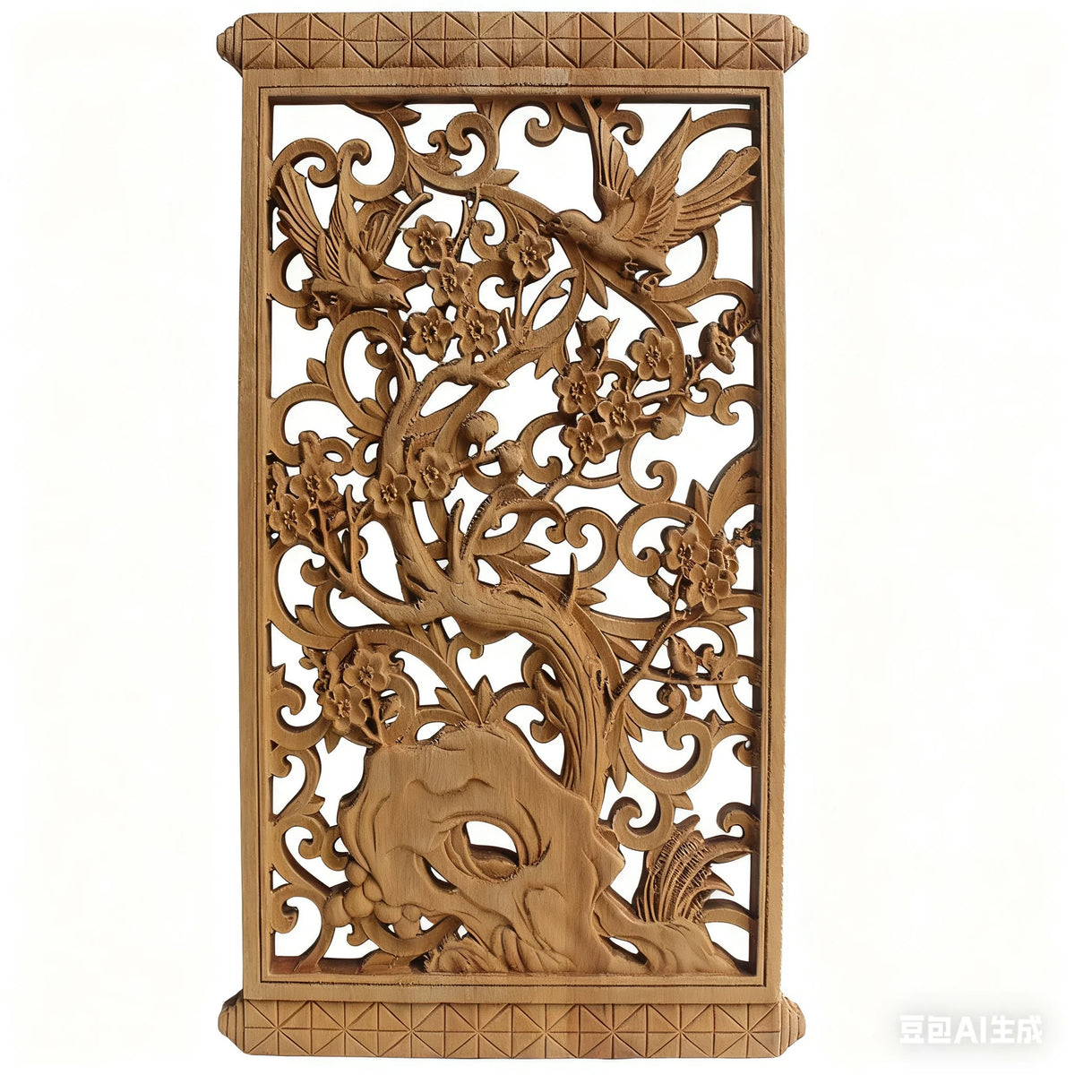 sculpture bois fleur oiseaux geometrique artisanal decoration murale naturelle traditionnelle chance bénédiction