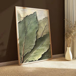 tableau mural toile feuilles botaniques impression texturée verte contemporain abstrait décoration maison vert beige