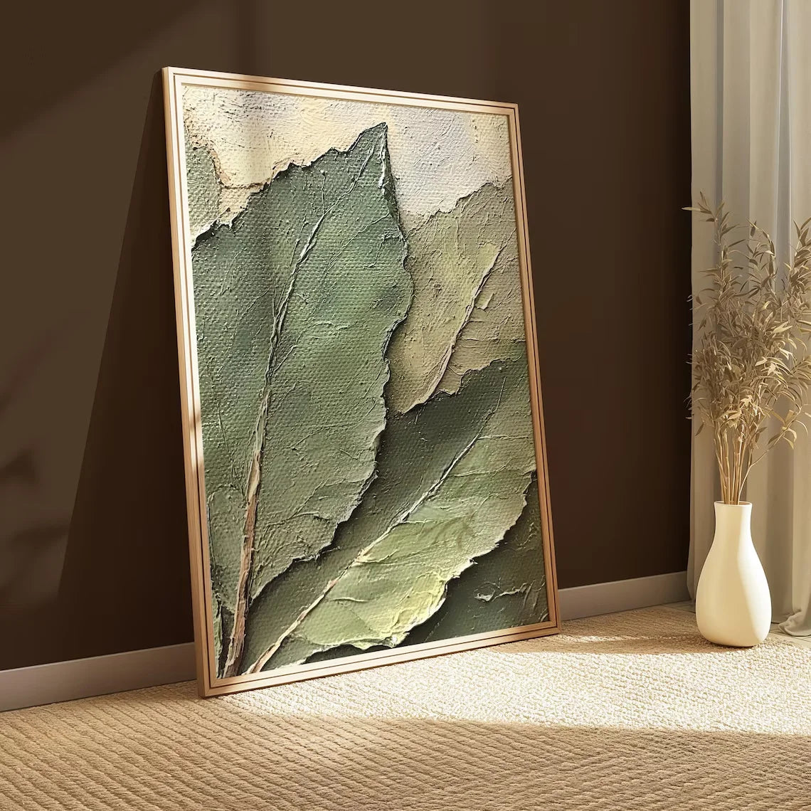 tableau mural toile feuilles botaniques impression texturée verte contemporain abstrait décoration maison vert beige