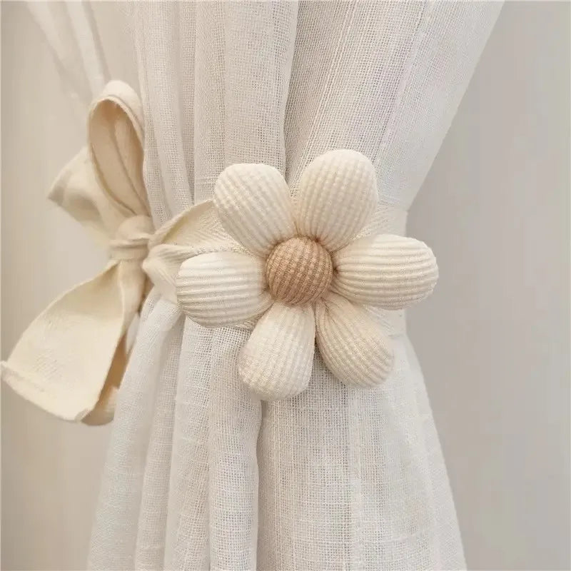 fournitures rideaux tissu fleurs beiges anneaux métalliques cordons coton décorative rustique moderne