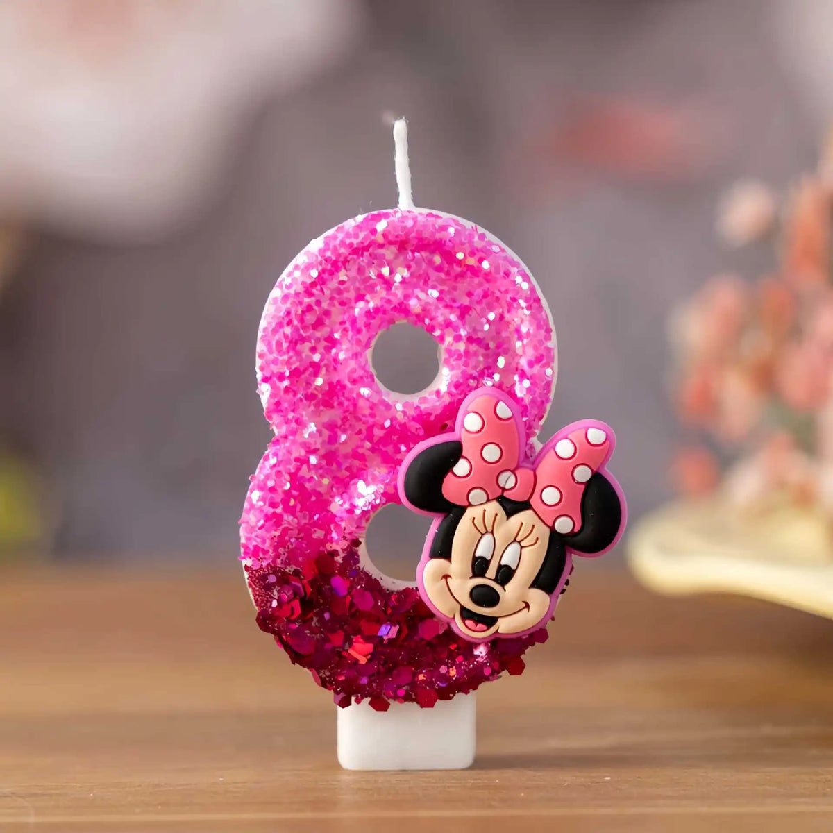 bougies numérotées minnie rose pâle rose brillant blanc paillettes personnages animés opaques thématiques anniversaire