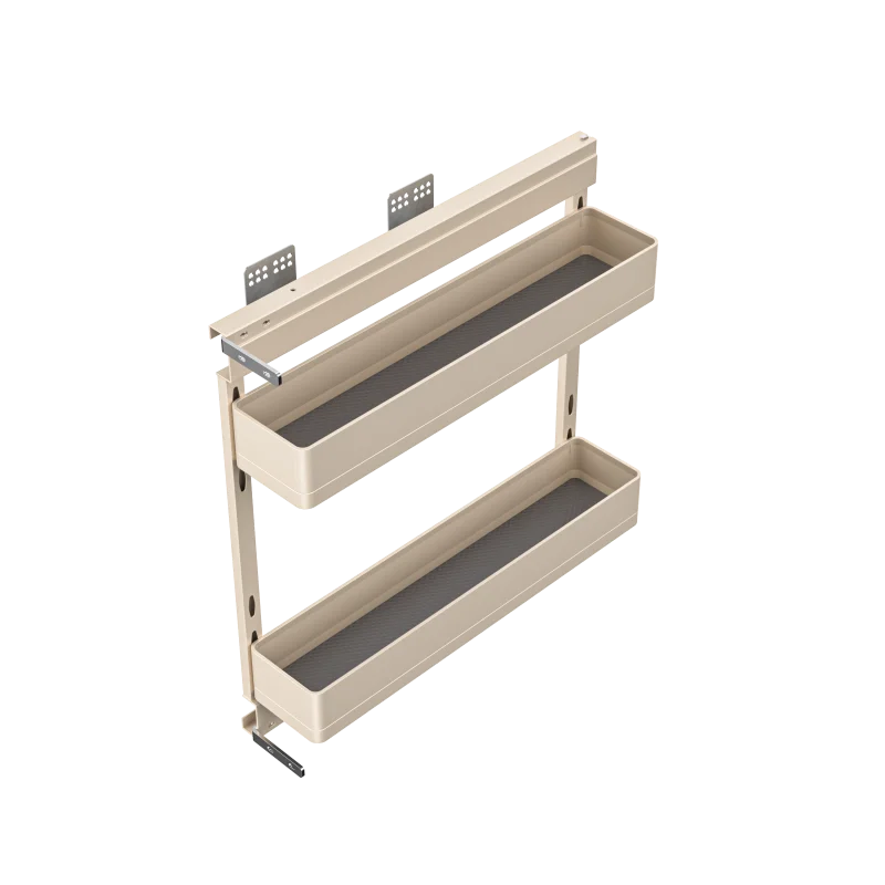 étagère cuisine moderne beige clair compartiments texturés clips métalliques rangement efficace aluminium save space