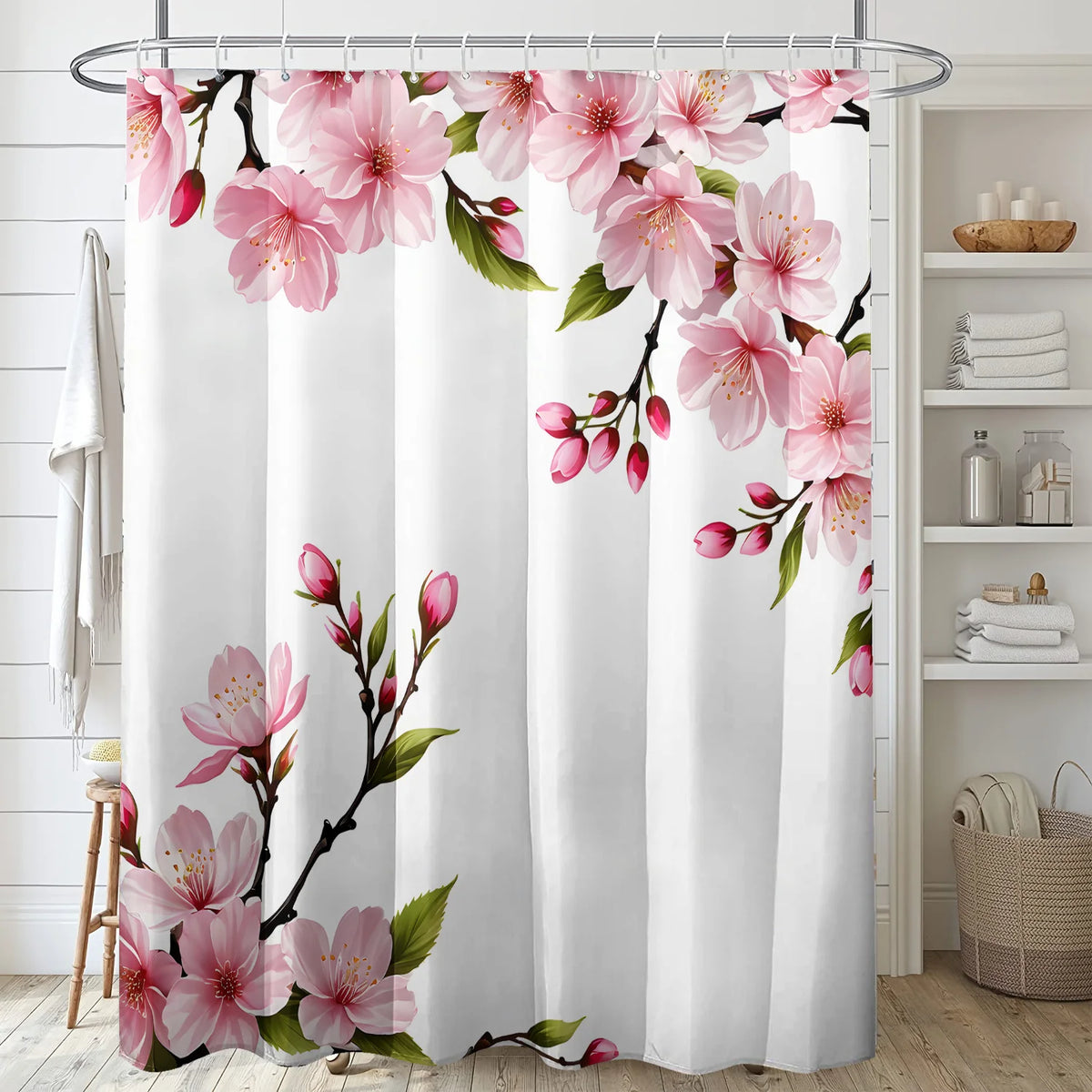rideau douche polyester fleurs cerisier moderne blanc rose feuilles opaques machine wash anneaux métalliques