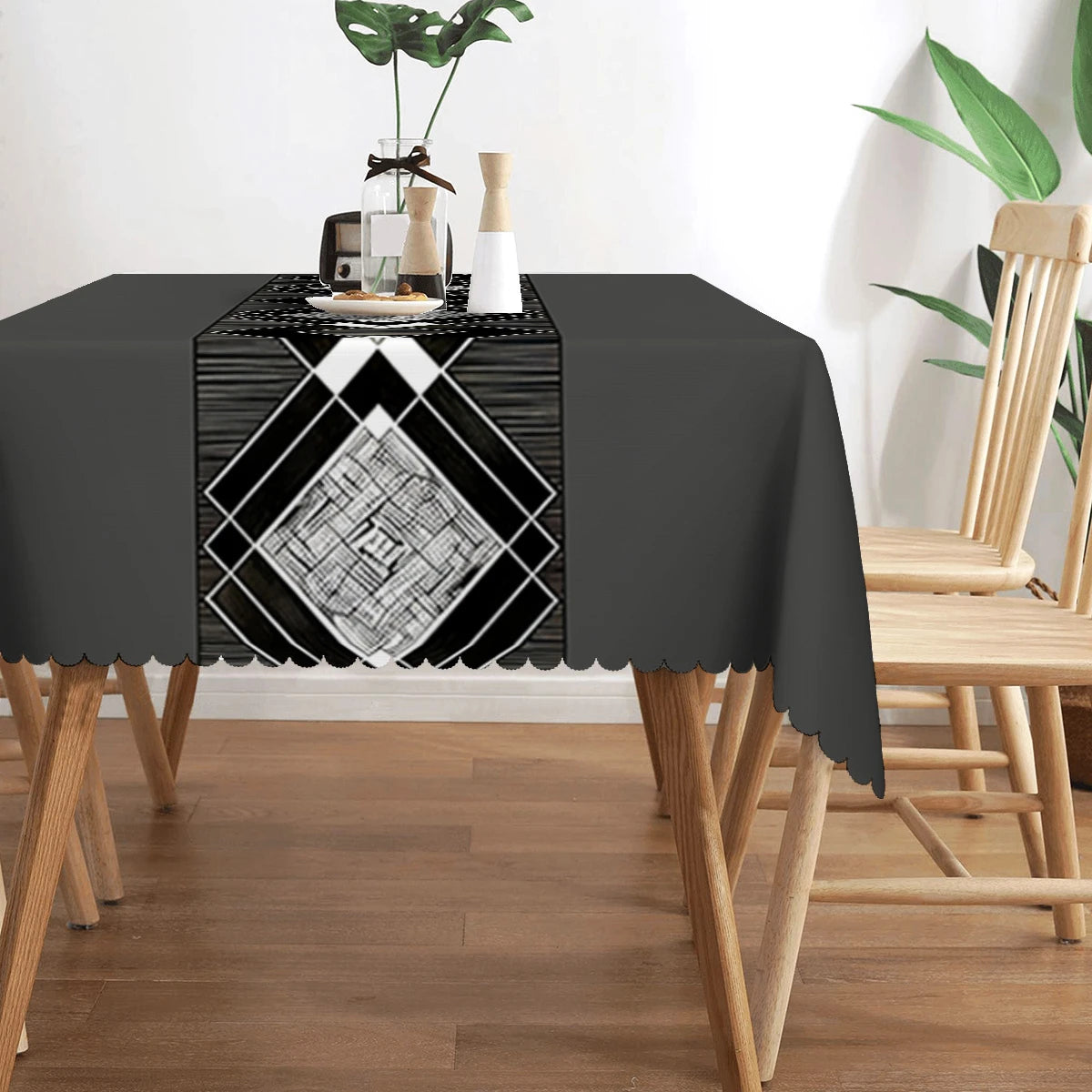 nappe table moderne géométrique noire blanche dentelée salon salle manger machine imperméable réutilisable polyester