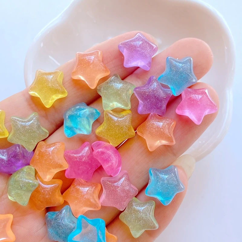 decoratives resine forme coeur etoile fleur couleurs vert jaune rose blanc bleu violet 11mm