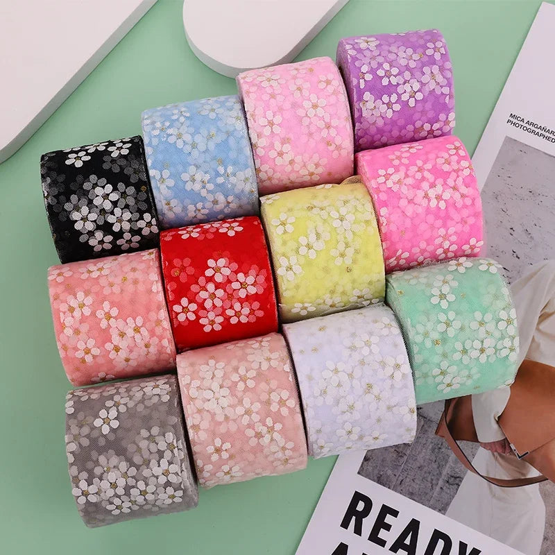 ruban decoratif fleurs blanches violet bleu clair rose vert clair adhésif polyester elasthanne 6cm