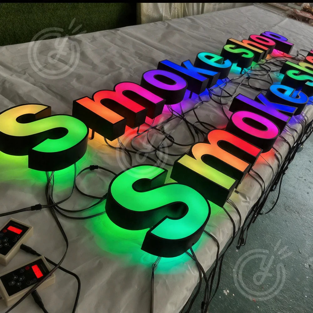 lettres lumineuses 3d bleu vert rose blanc gradient clips frontlight business sign acrylic led