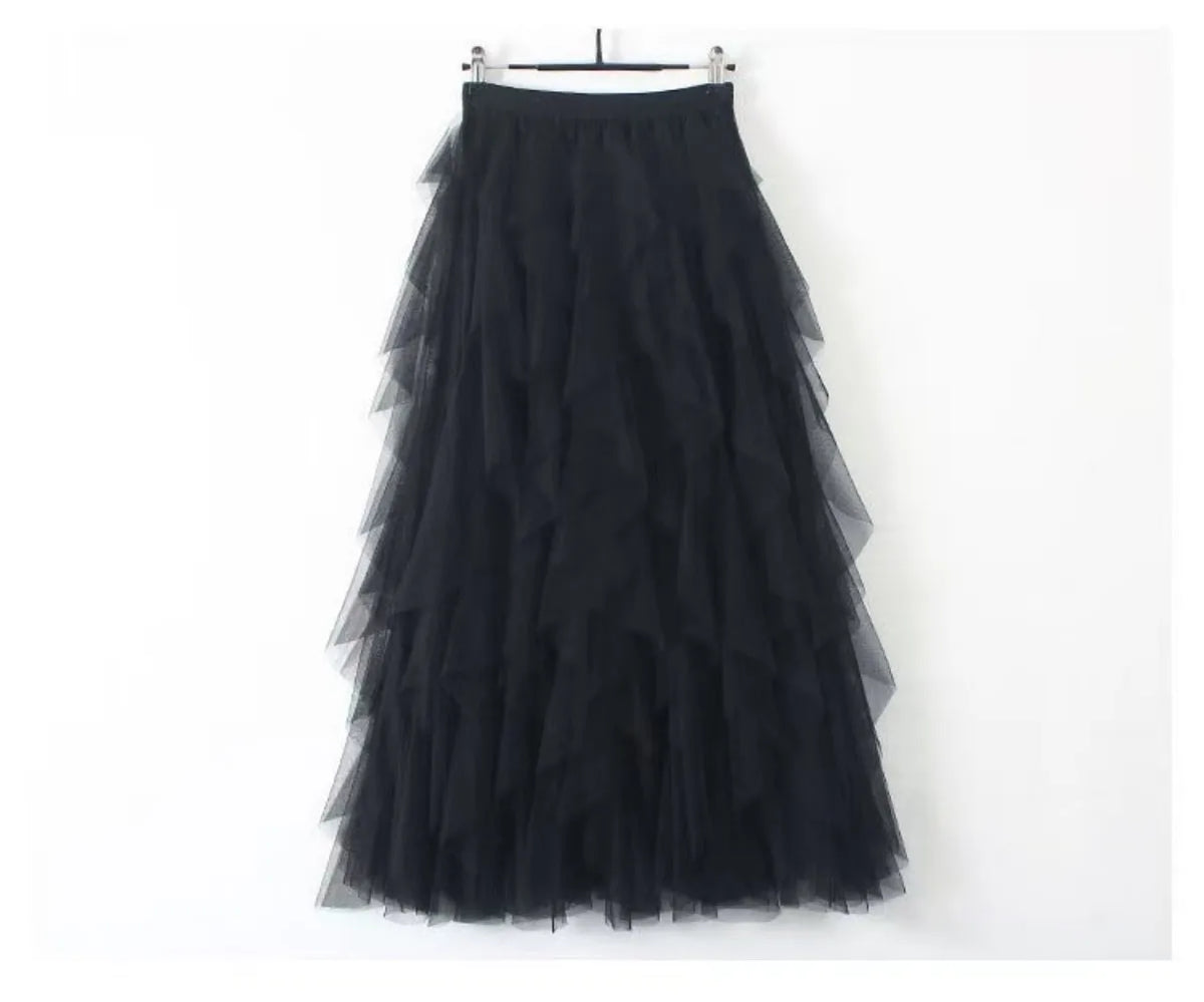 jupe tulle plissée rose noir élégante féminine asymétrique mi mollet translucide junior femme