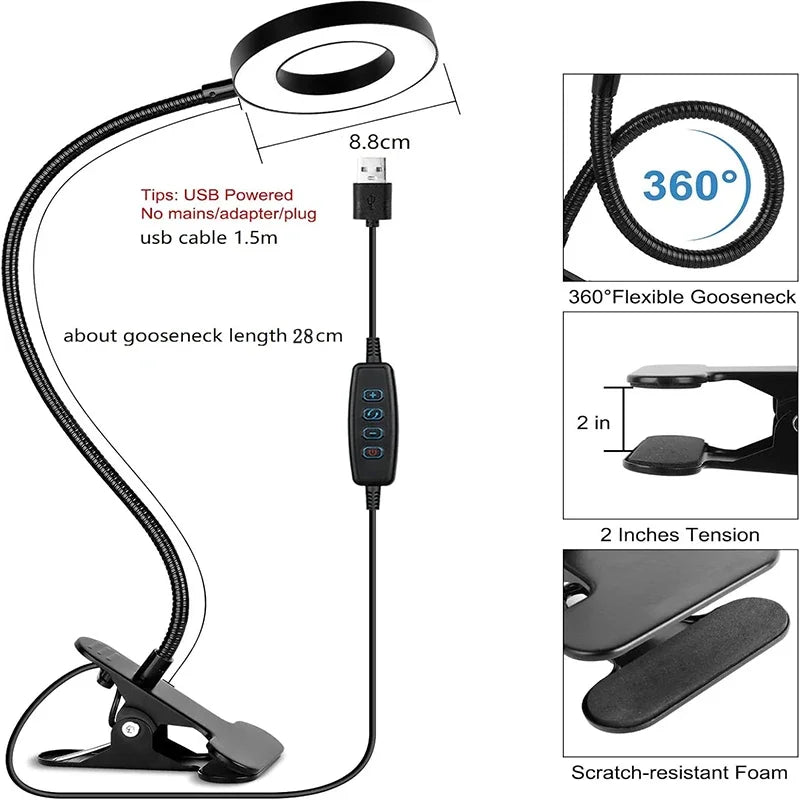 lampe clip flexible 360° noir réglable 10 niveaux luminosité USB