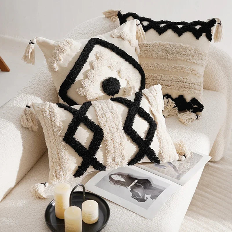 coussins géométriques blanc noir franges moderne décoration intérieure canapé salon amovible lavable polyester coton