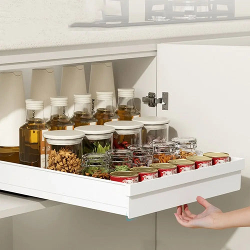 tiroir rangement cuisine blanc moderne mat vis fixés conteneurs divers ustensiles épices organisateur minimaliste