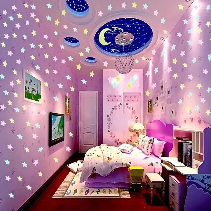 stickers muraux lumineux étoiles lune vert bleu rose jaune modernes réutilisables chambre fenêtre fête