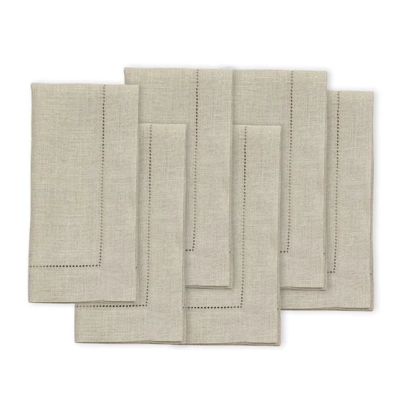 serviettes tissu lin brodé rustique beige feuilles vertes argentées fixations points cousus