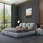 lit double gris plissé moderne rangement bois tissu composite chambre coucher
