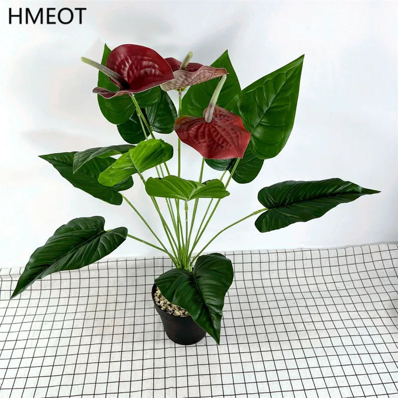 plantes artificielles anthurium vert rouge blanc moderne minimaliste pot noir gravier blanc fleurs coeurs