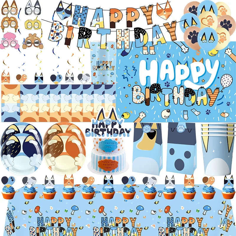 kit decoration anniversaire chien bleu assiettes gobelets serviettes guirlande support cupcake decor animaux