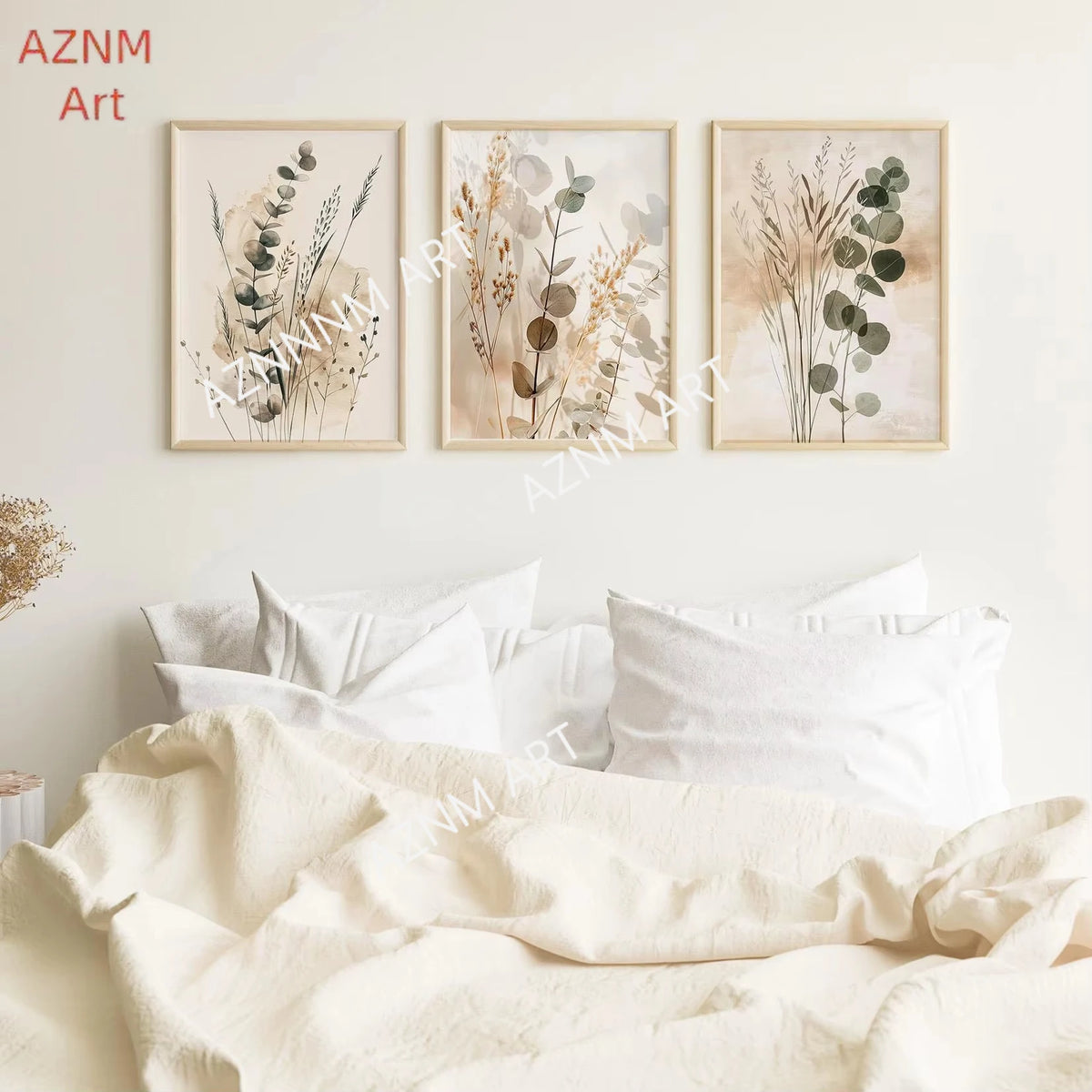 affiches murales minimaliste abstrait feuilles fleurs séchées naturelles encadrées bois salon chambre trio