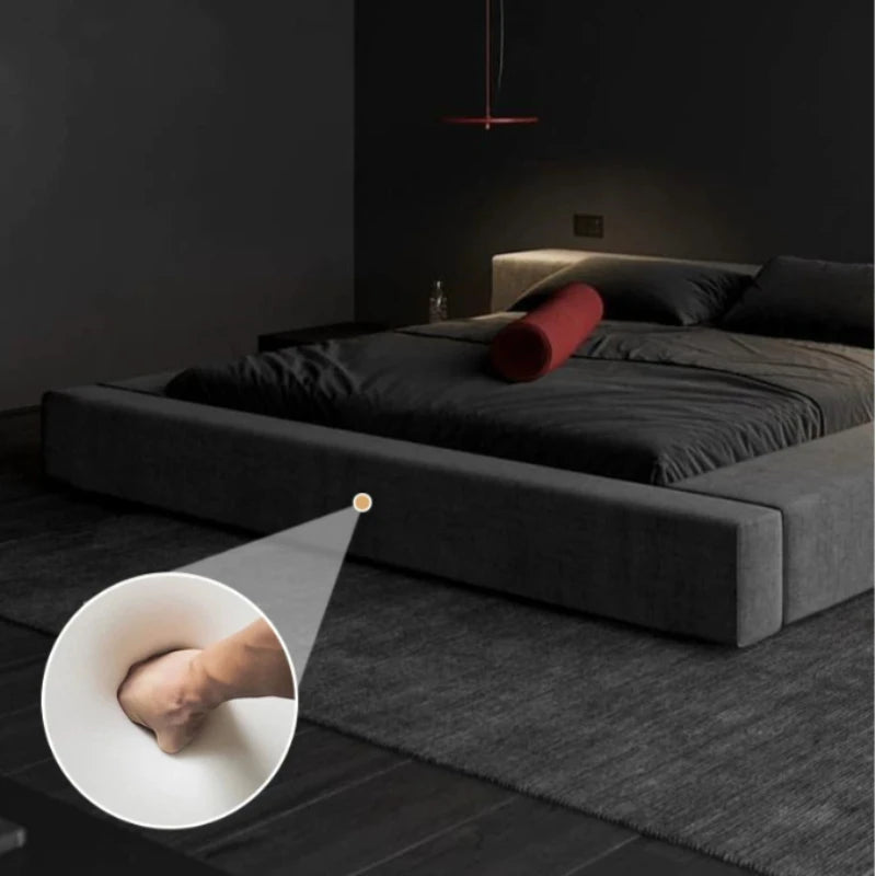 lit matelas double moderne minimaliste gris noir velours tissu uni chambre coucher master bedroom