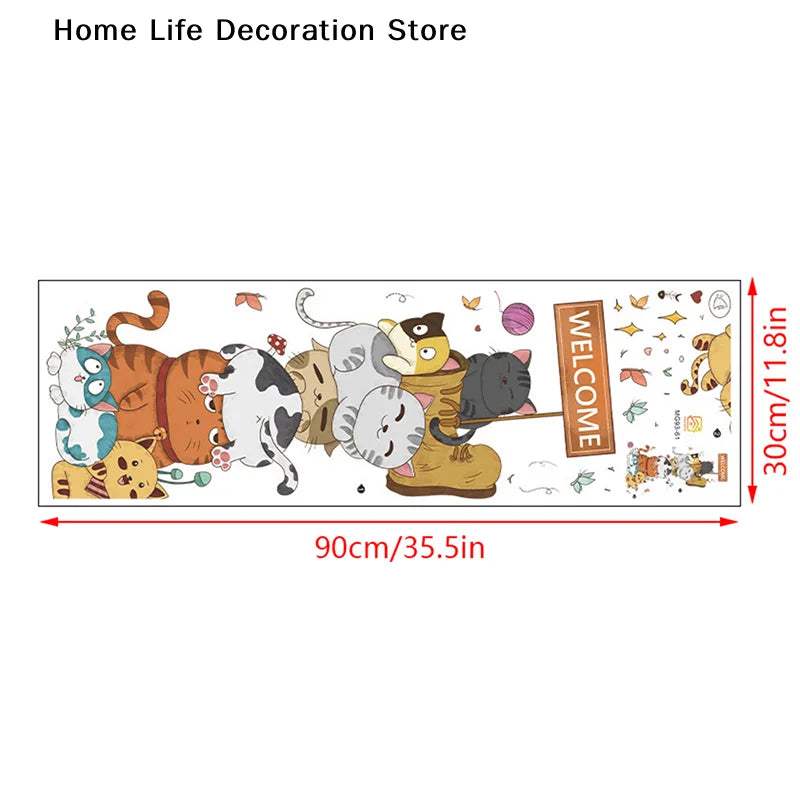 sticker mural multicolore dessin animé chats bienvenue fleurs papillons adhésif chambre enfant deco cartoon