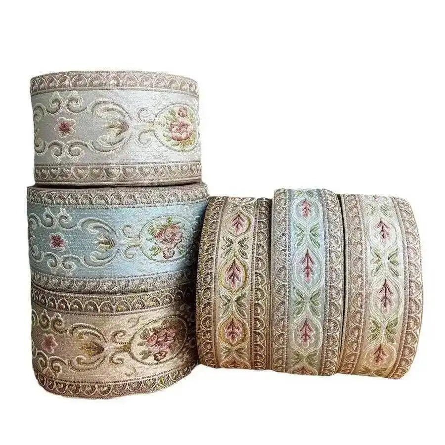 ruban brodé floral largeur 6cm motifs végétaux classique coton polyester multicolor off white sky
