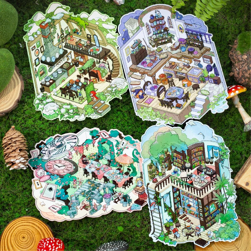 autocollants scènes livres illustrés miniatures adhésifs personnages animaux détaillés floraux boisés enfants chambre