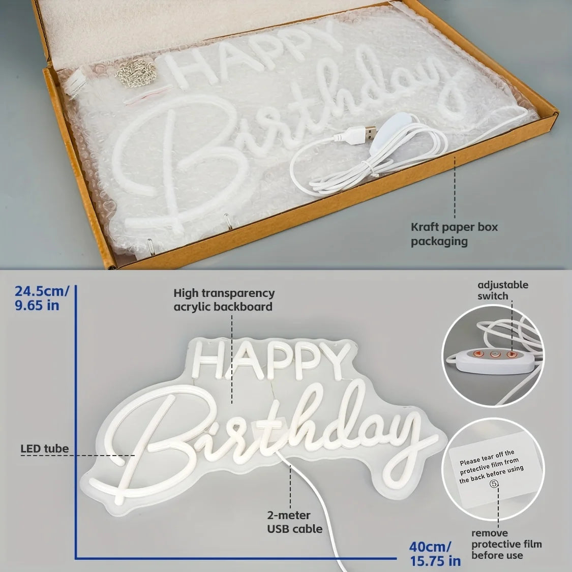 décoration murale néon lumineux HAPPY Birthday transparent moderne câble USB included adjustable switch