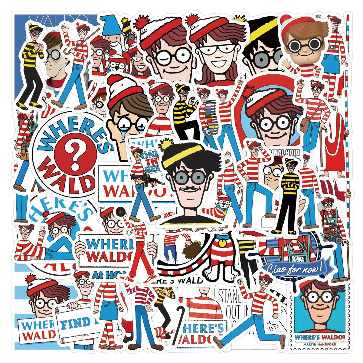 stickers étanches wheres waldo bleu blanc rouge personnages dessins animés humour cartoony adhésifs 50pcs